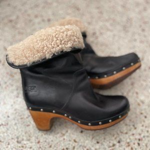 Ugg Lynnea Brown Leather Shearling Wood Heel Platform Clog Boot Women’s Size 6